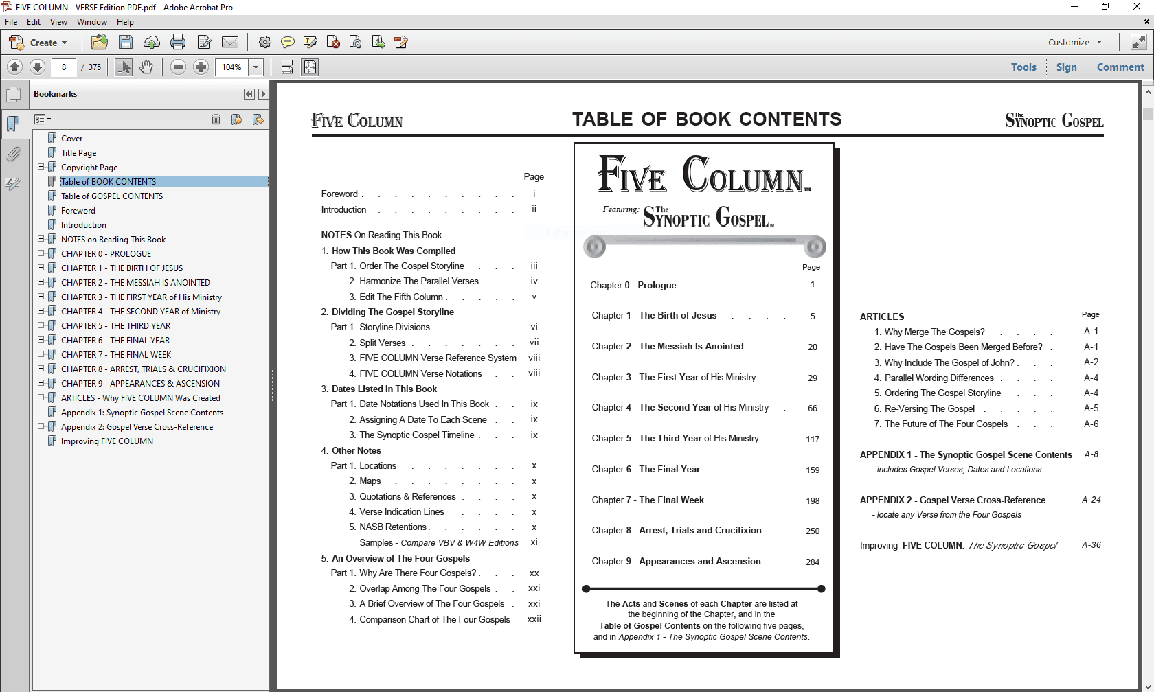 Sample of the FIVE COLUMN - Verse-By- Verse Edition PDF Table of Book Contents.