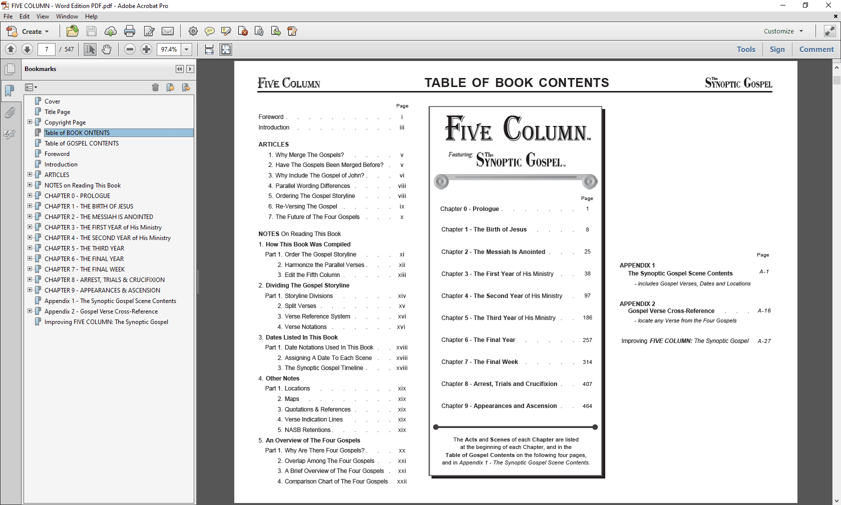 FIVE COLUMN: Word-For-Word Edition PDF - Table of Book Contents.