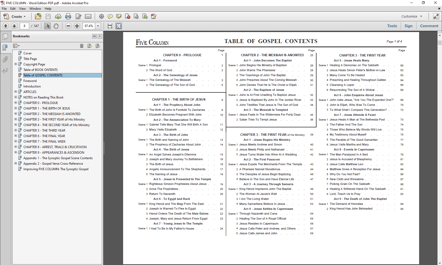 FIVE COLUMN: Word-For-Word Edition PDF - Table of Gospel Contents.