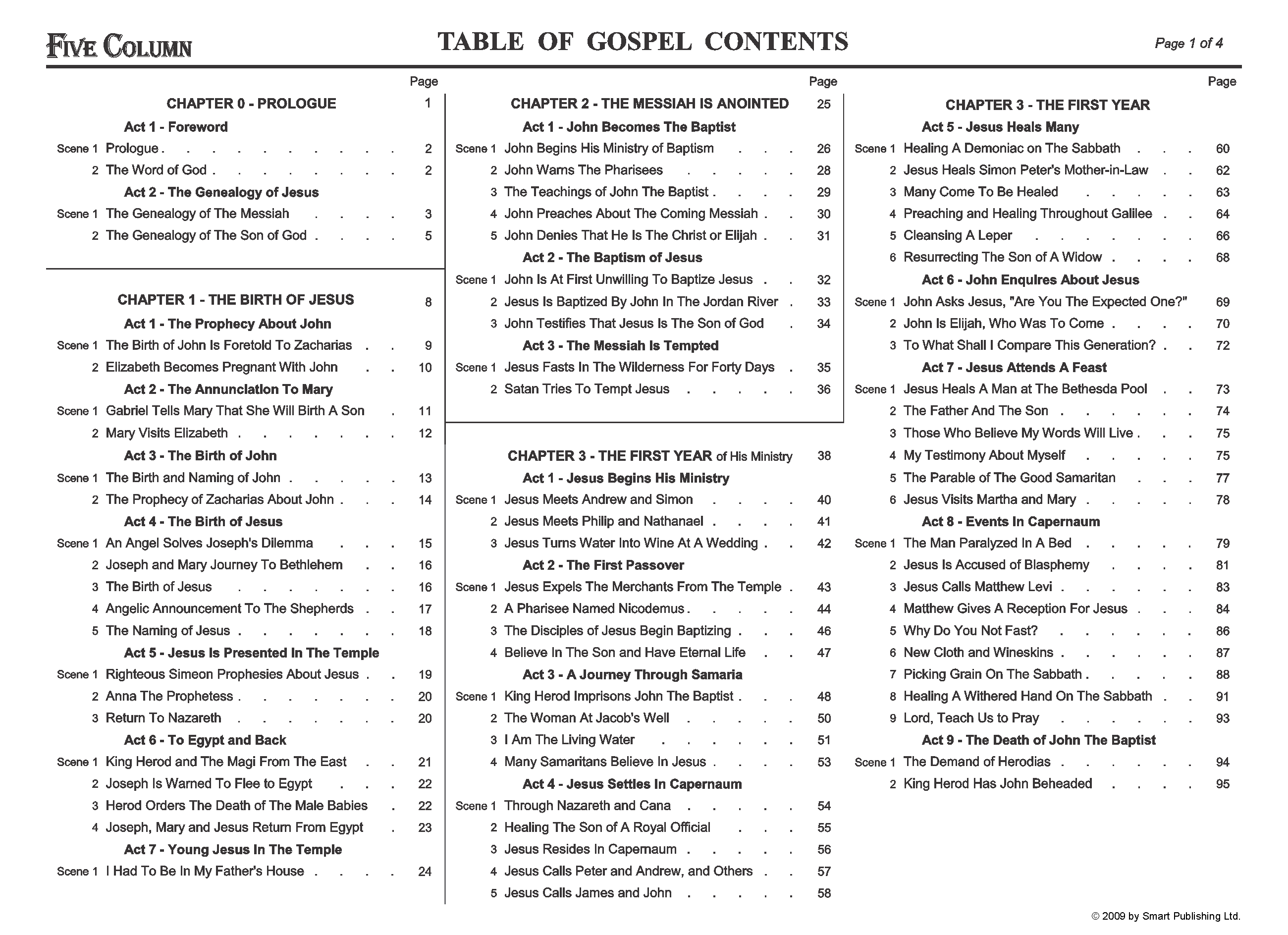 Click to enlarge. Table of GOSPEL Contents from "FIVE COLUMN: The Synoptic Gospel" Page 1/4.