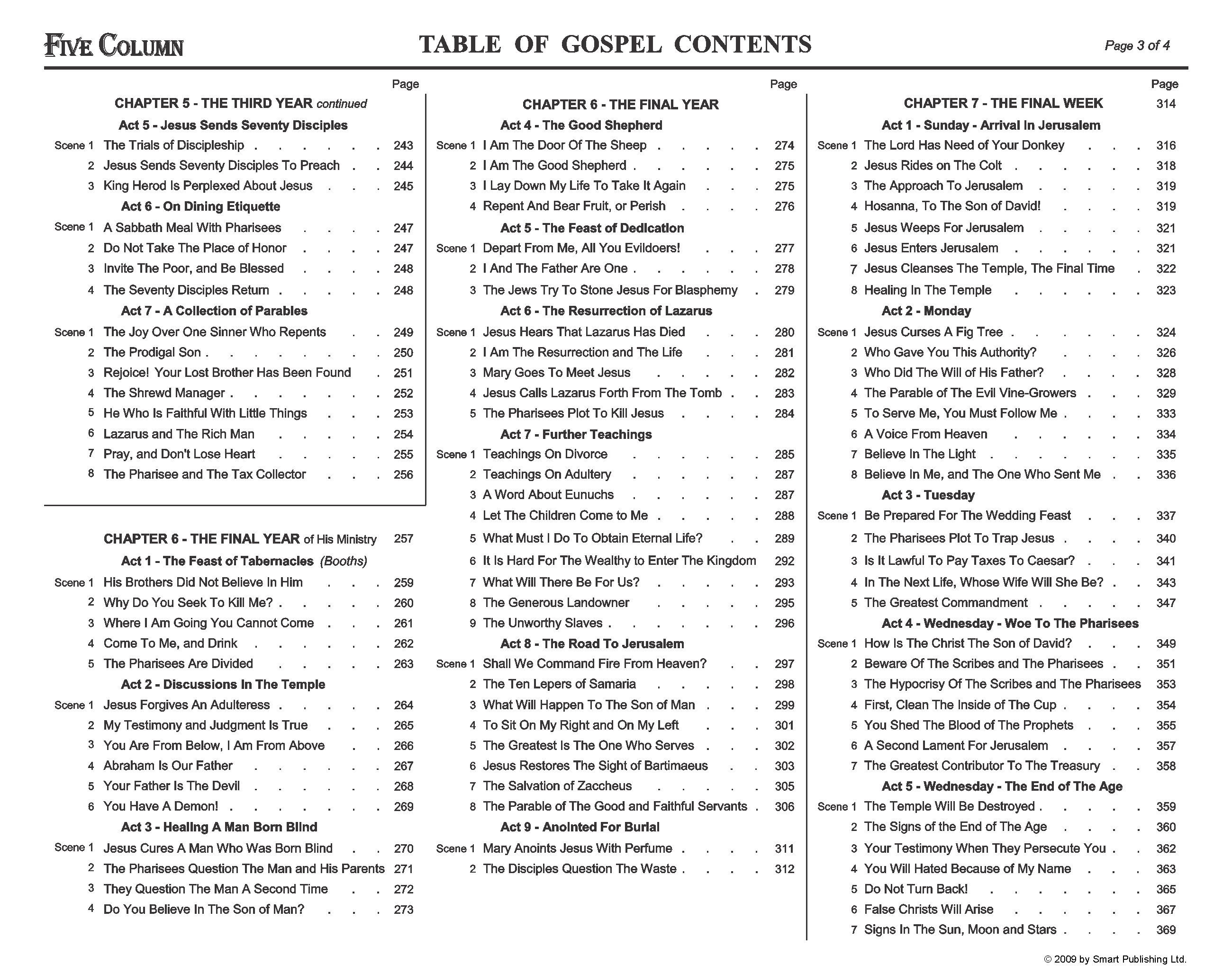 Click to enlarge. Table of GOSPEL Contents from "FIVE COLUMN: The Synoptic Gospel" Page 3/4.